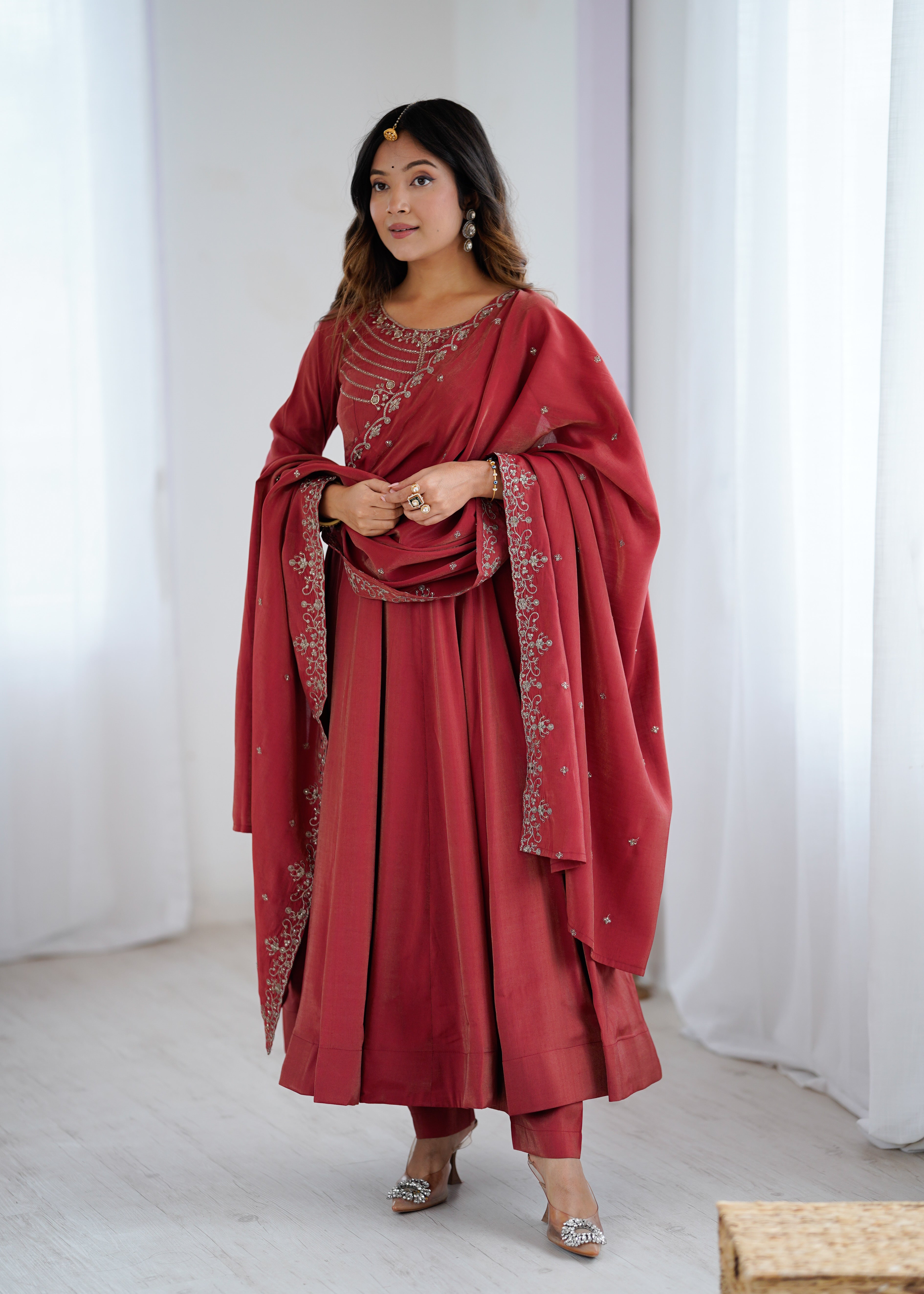 Elegant Maroon Anarkali Set with Embroidered Dupatta