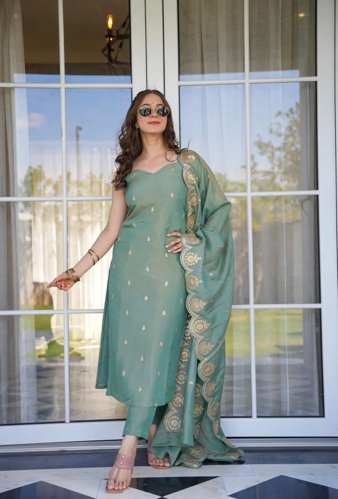 Festive Straight Kurta Set with Embellished Dupatta
