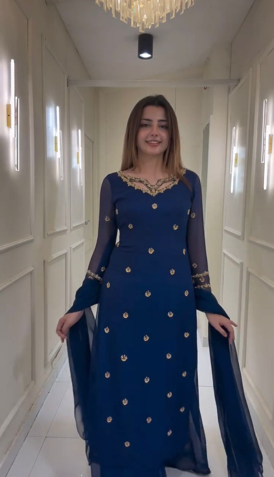 Embroidered Navy Blue Georgette Kurta with Palazzo & Dupatta