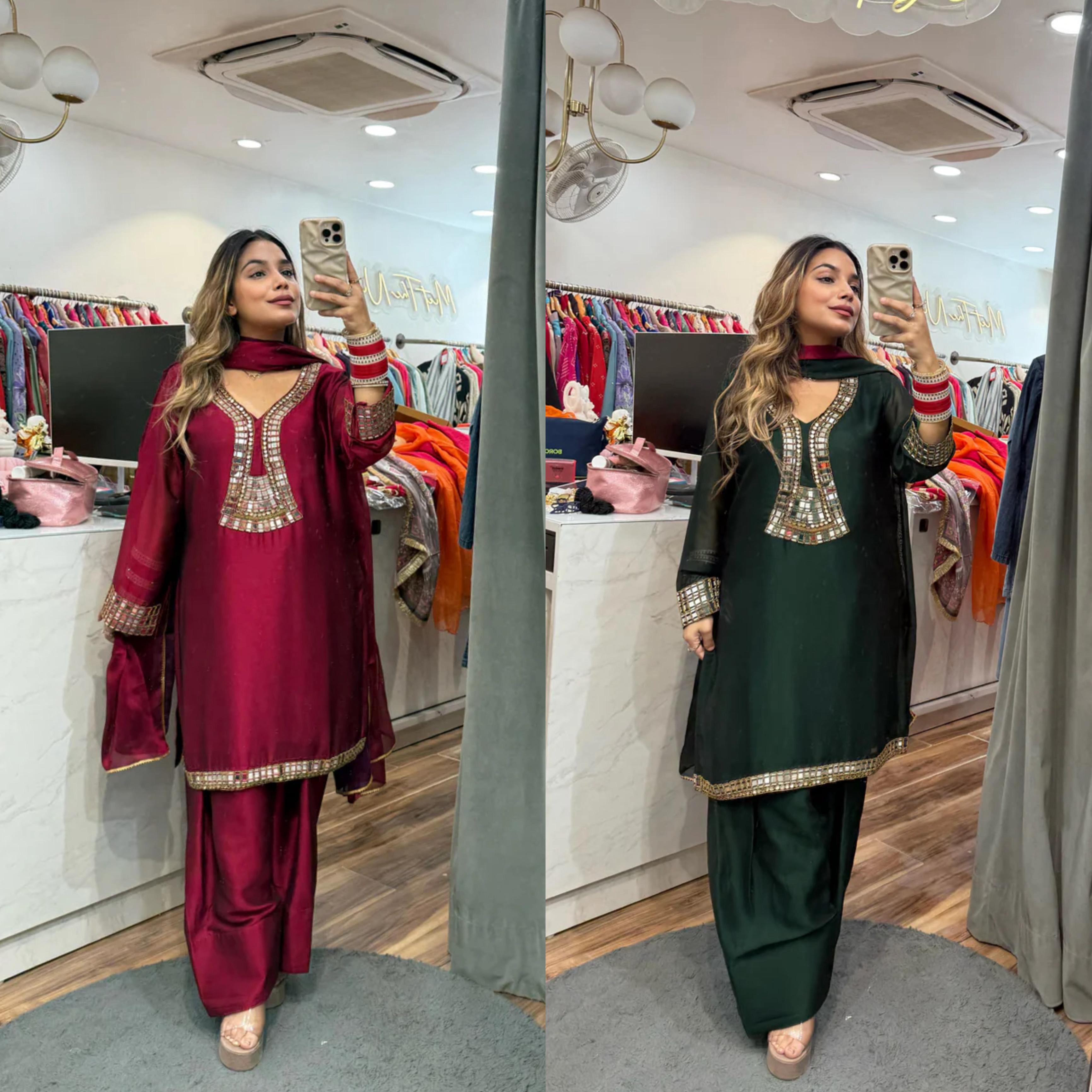 Festive Maroon Straight Kurta  set with Mirror Work