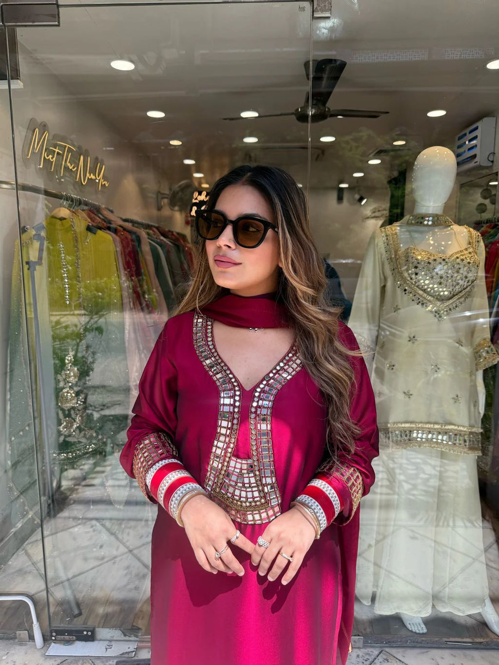 Festive Maroon Straight Kurta  set with Mirror Work