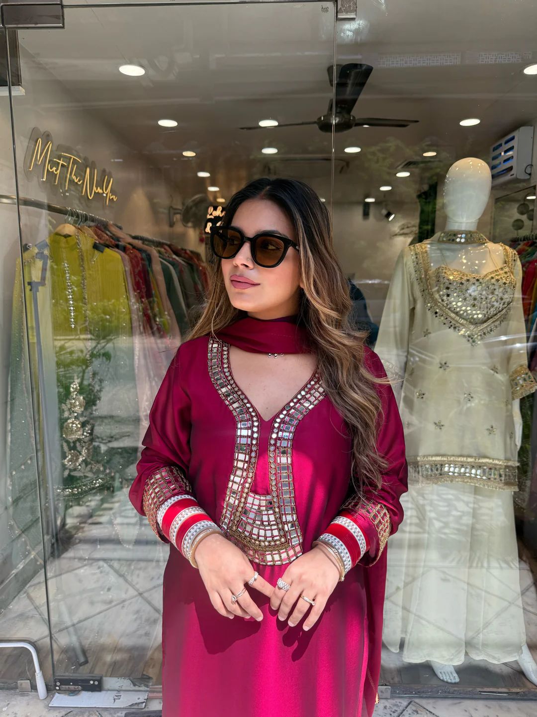 Festive Maroon Straight Kurta  set with Mirror Work