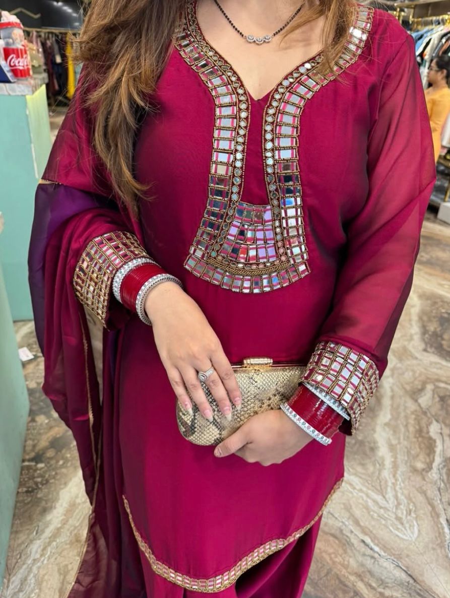 Festive Maroon Straight Kurta  set with Mirror Work
