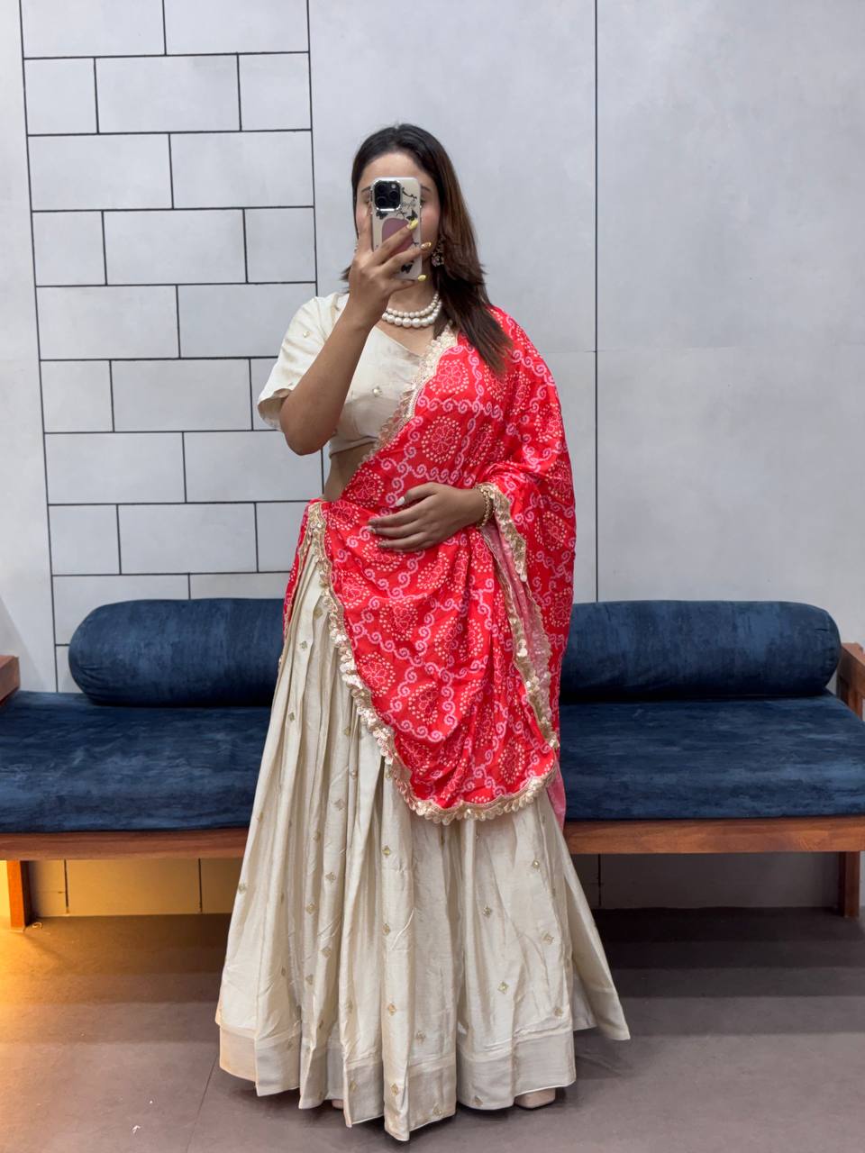 Festive ready in a silk lehenga and printed dupatta