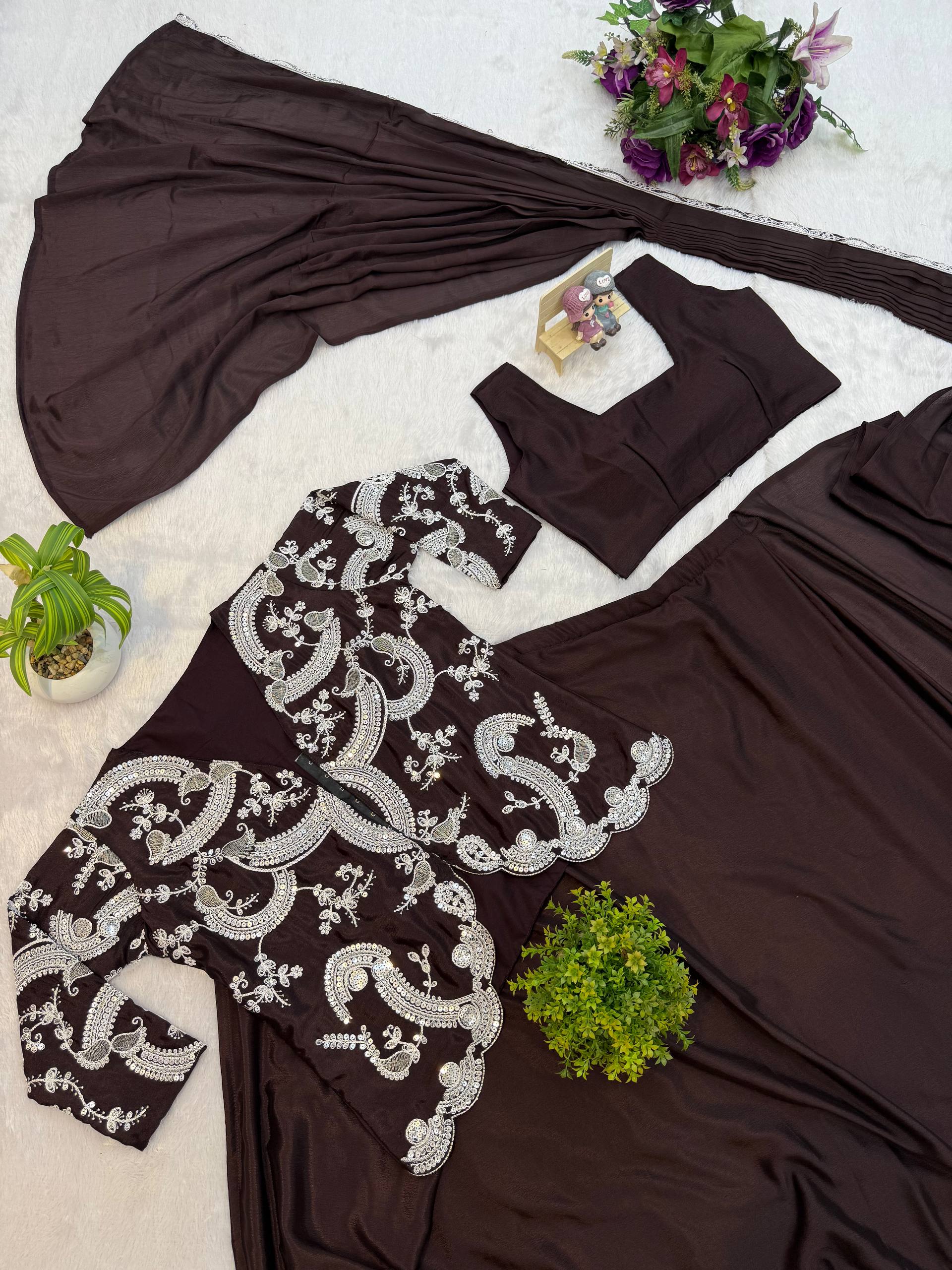 Pre-Draped Saree with Embroidered Blouse and Pleated Pallu