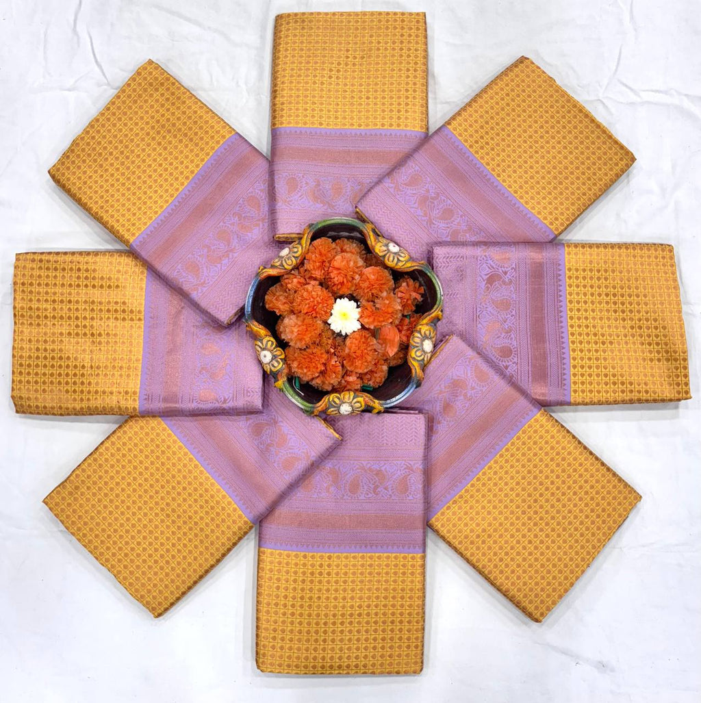 Golden Yellow Saree Elegance Paired With Soft Lavender Pallu Beauty.
