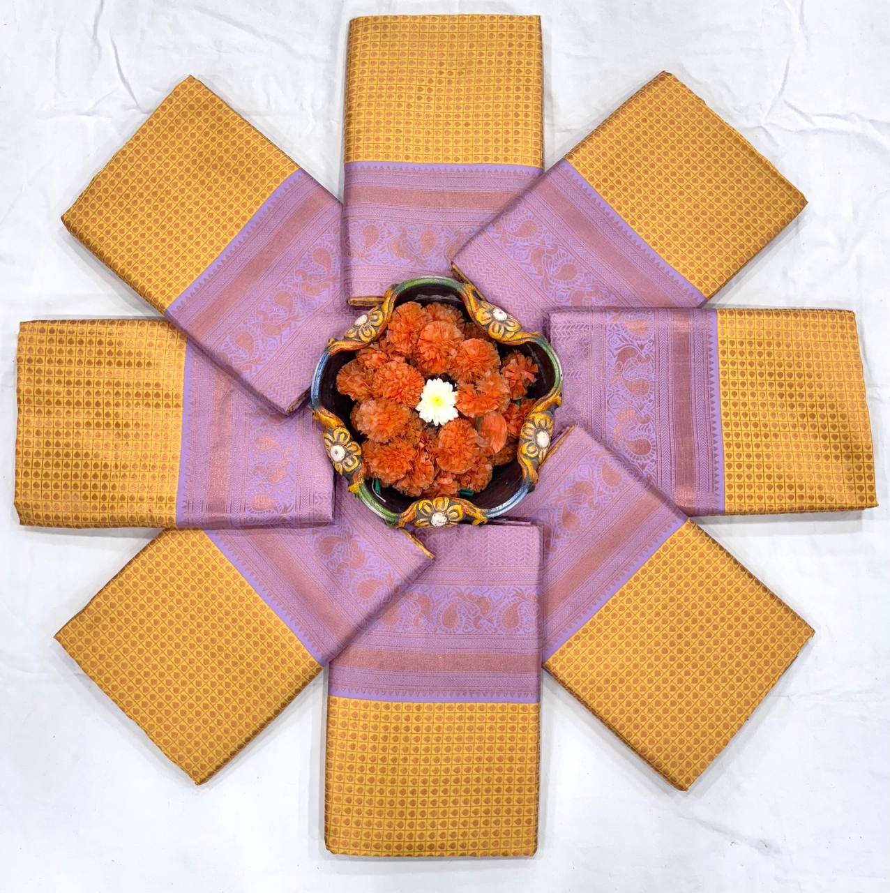 Golden Yellow Saree Elegance Paired With Soft Lavender Pallu Beauty.