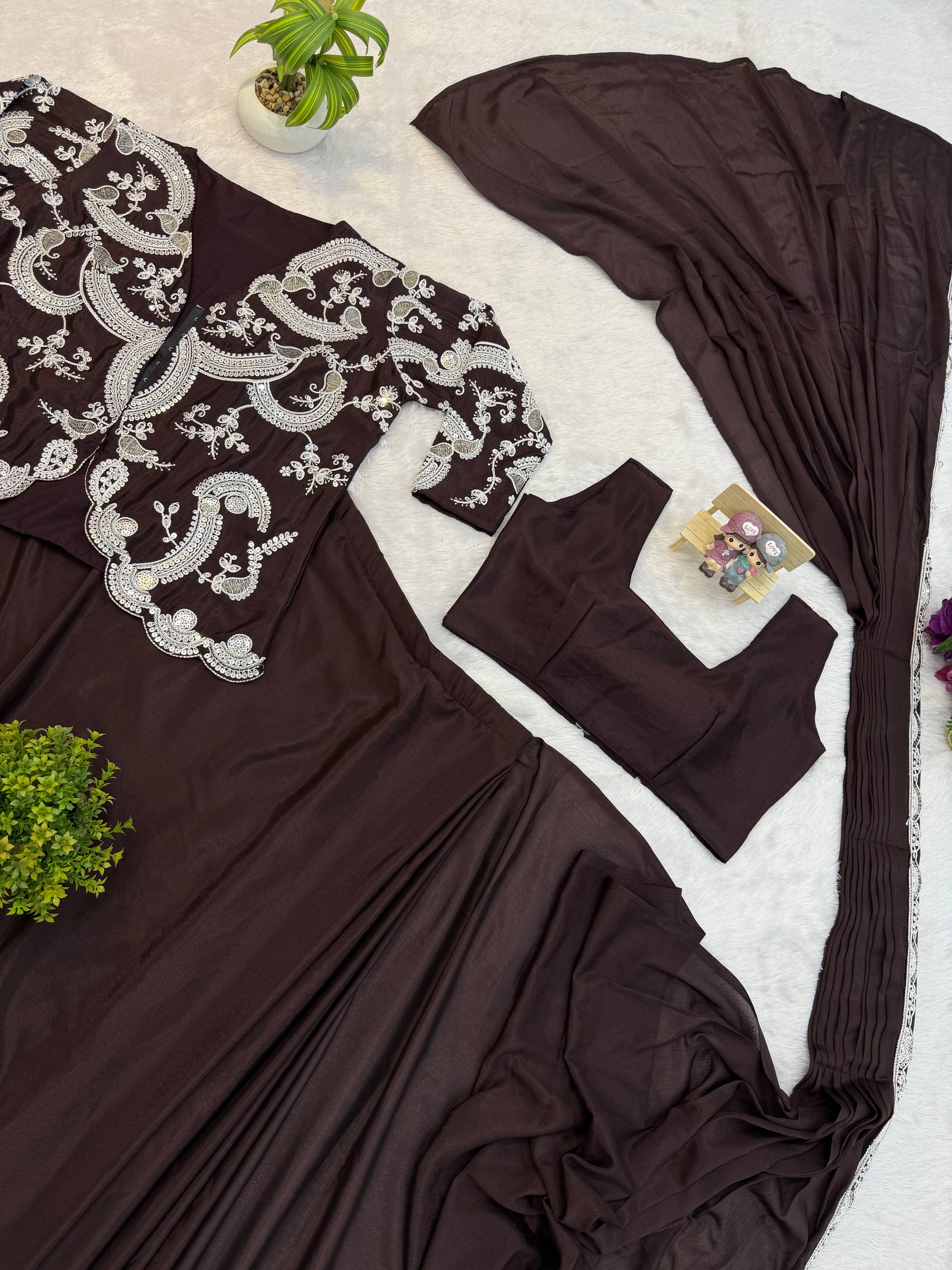 Pre-Draped Saree with Embroidered Blouse and Pleated Pallu