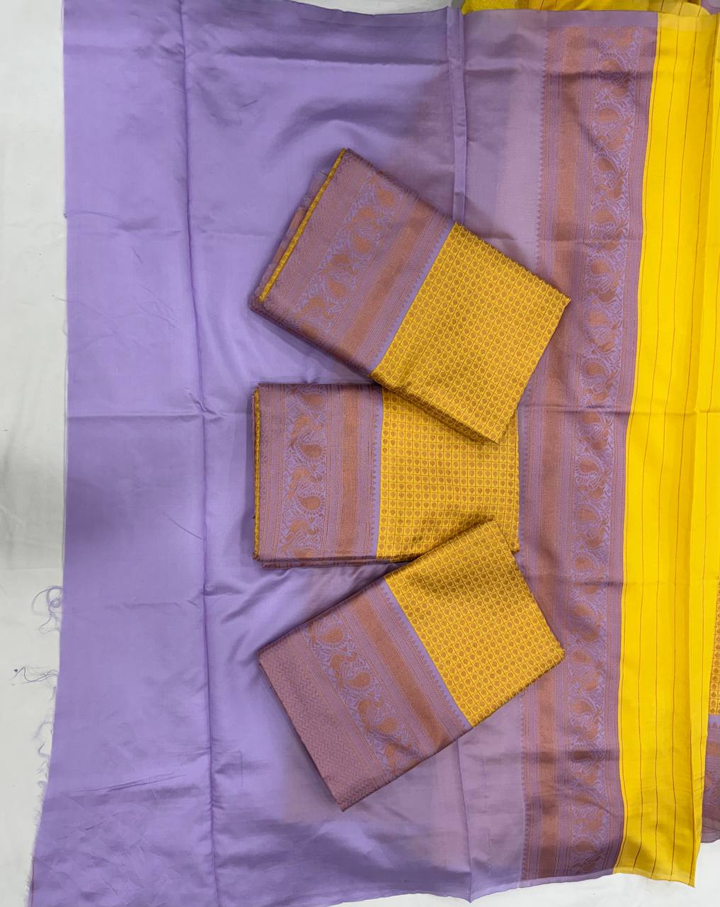 Golden Yellow Saree Elegance Paired With Soft Lavender Pallu Beauty.