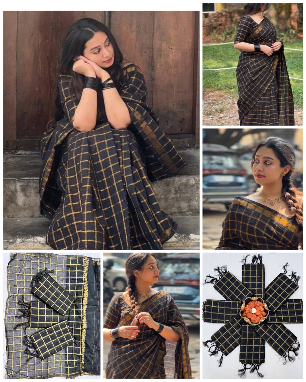 Check Pattern pure golden zari Saree