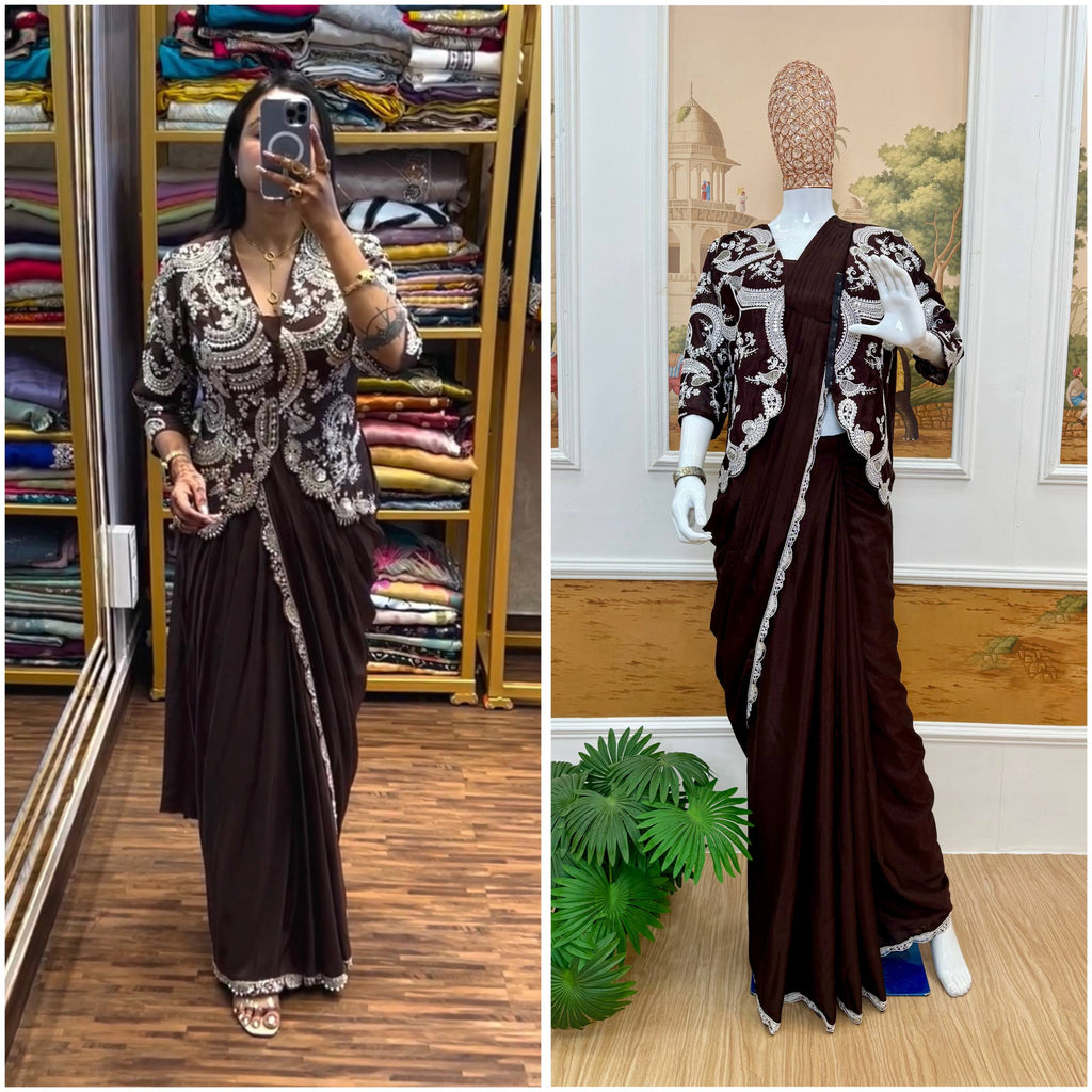 Pre-Draped Saree with Embroidered Blouse and Pleated Pallu