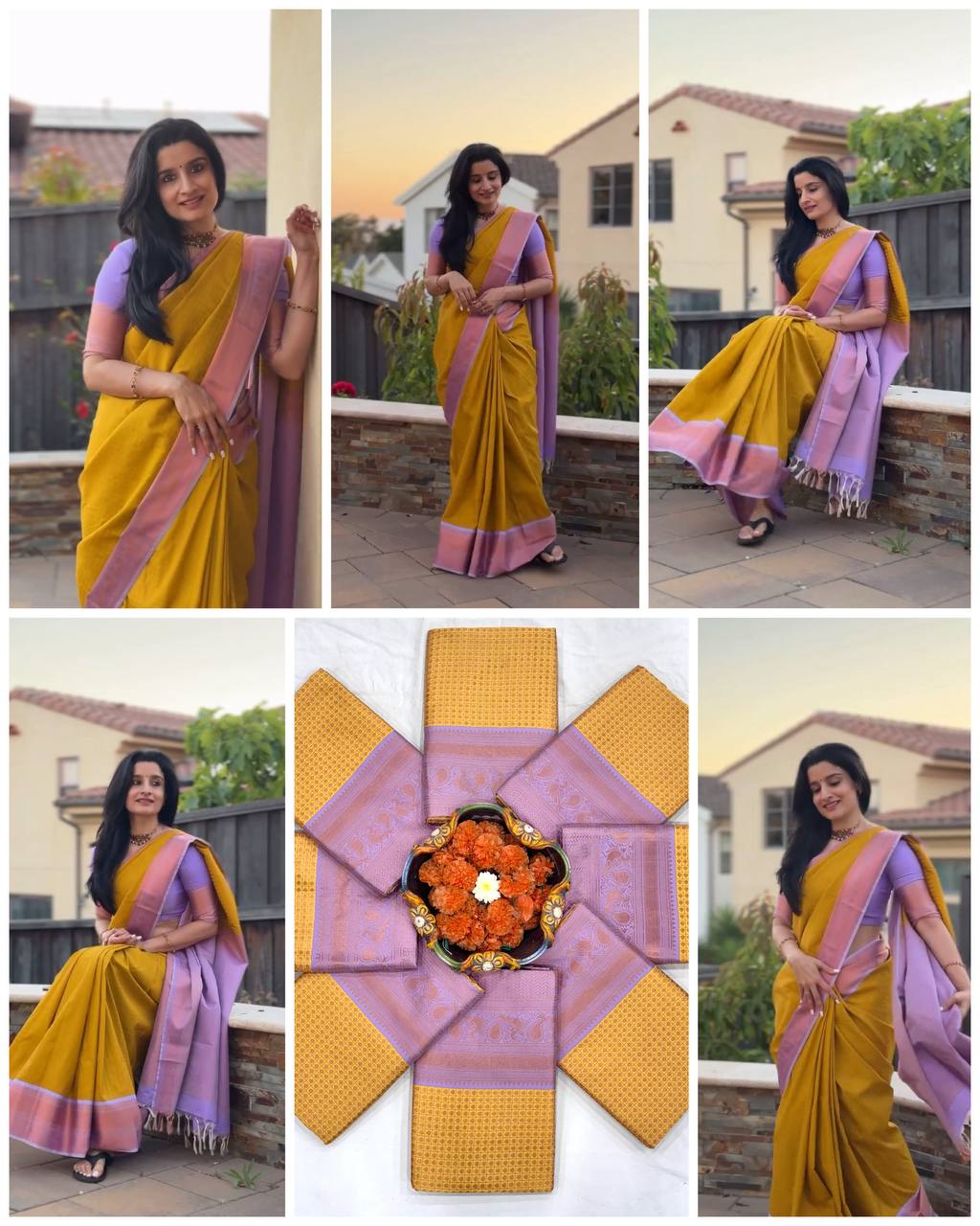 Golden Yellow Saree Elegance Paired With Soft Lavender Pallu Beauty.