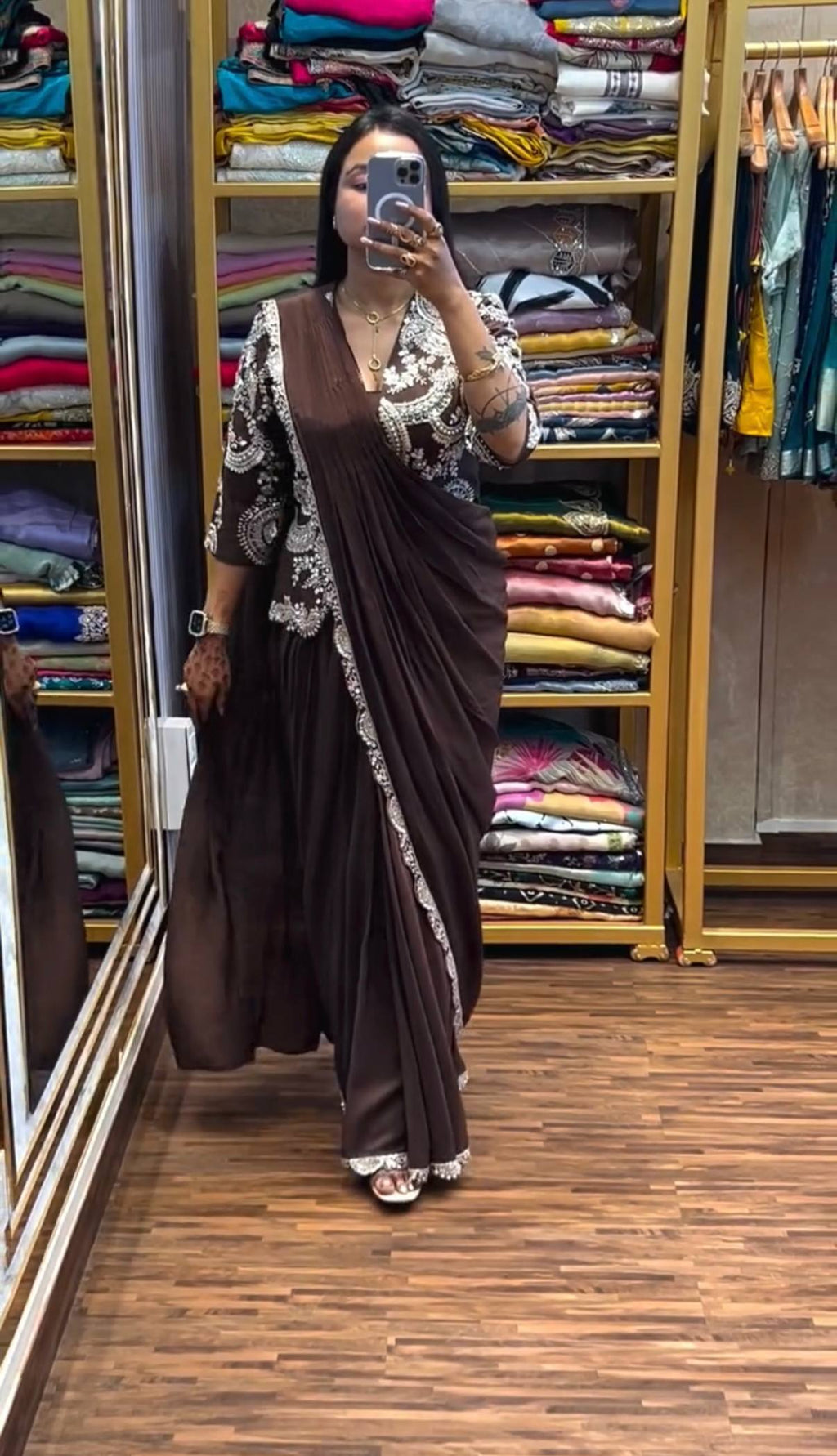 Pre-Draped Saree with Embroidered Blouse and Pleated Pallu