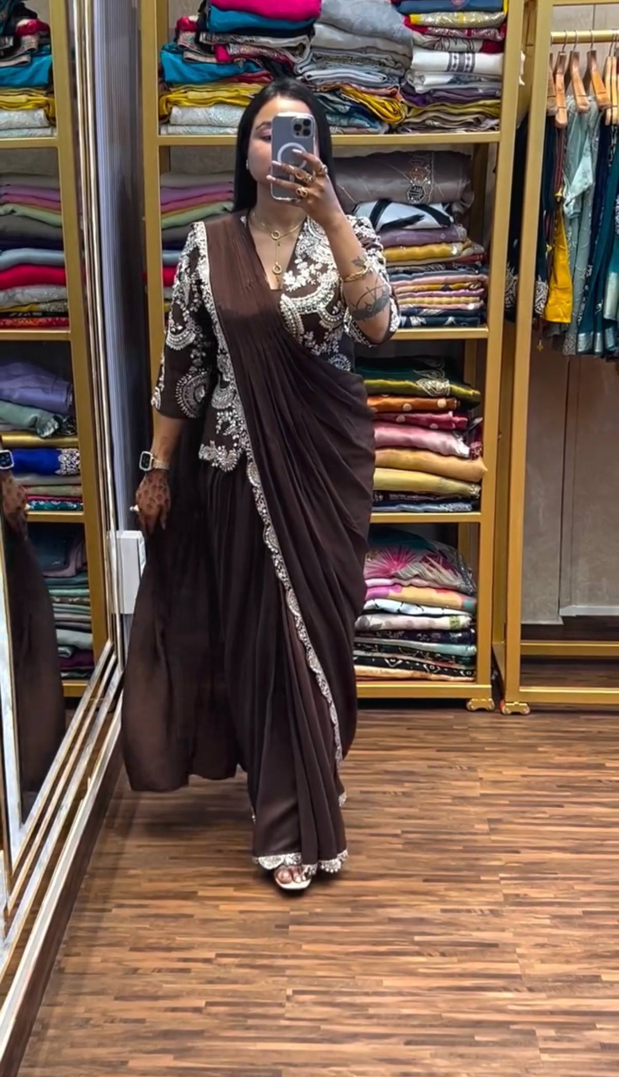 Pre-Draped Saree with Embroidered Blouse and Pleated Pallu
