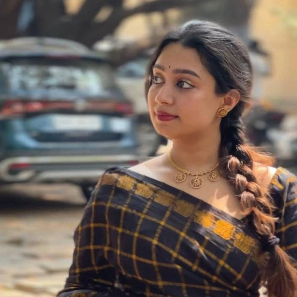 Check Pattern pure golden zari Saree