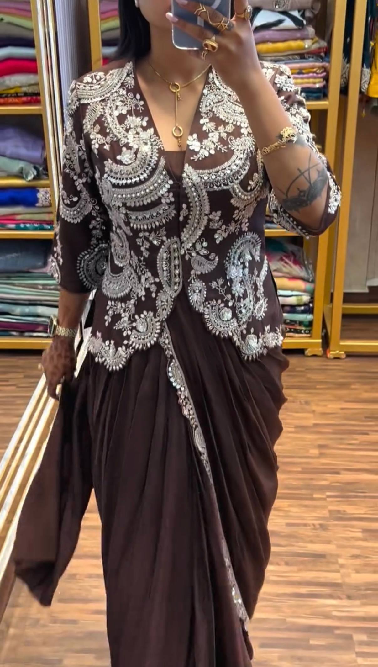 Pre-Draped Saree with Embroidered Blouse and Pleated Pallu