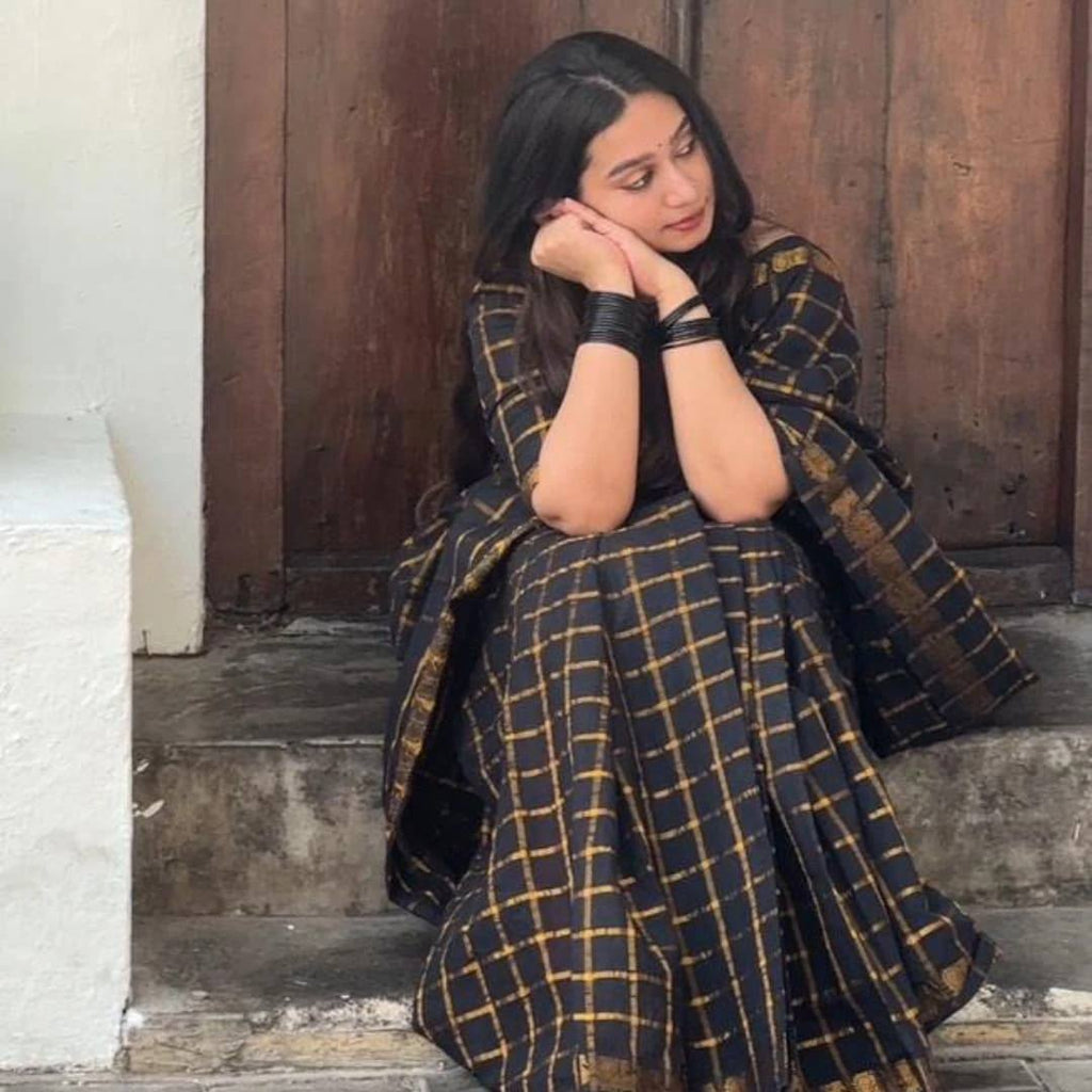 Check Pattern pure golden zari Saree