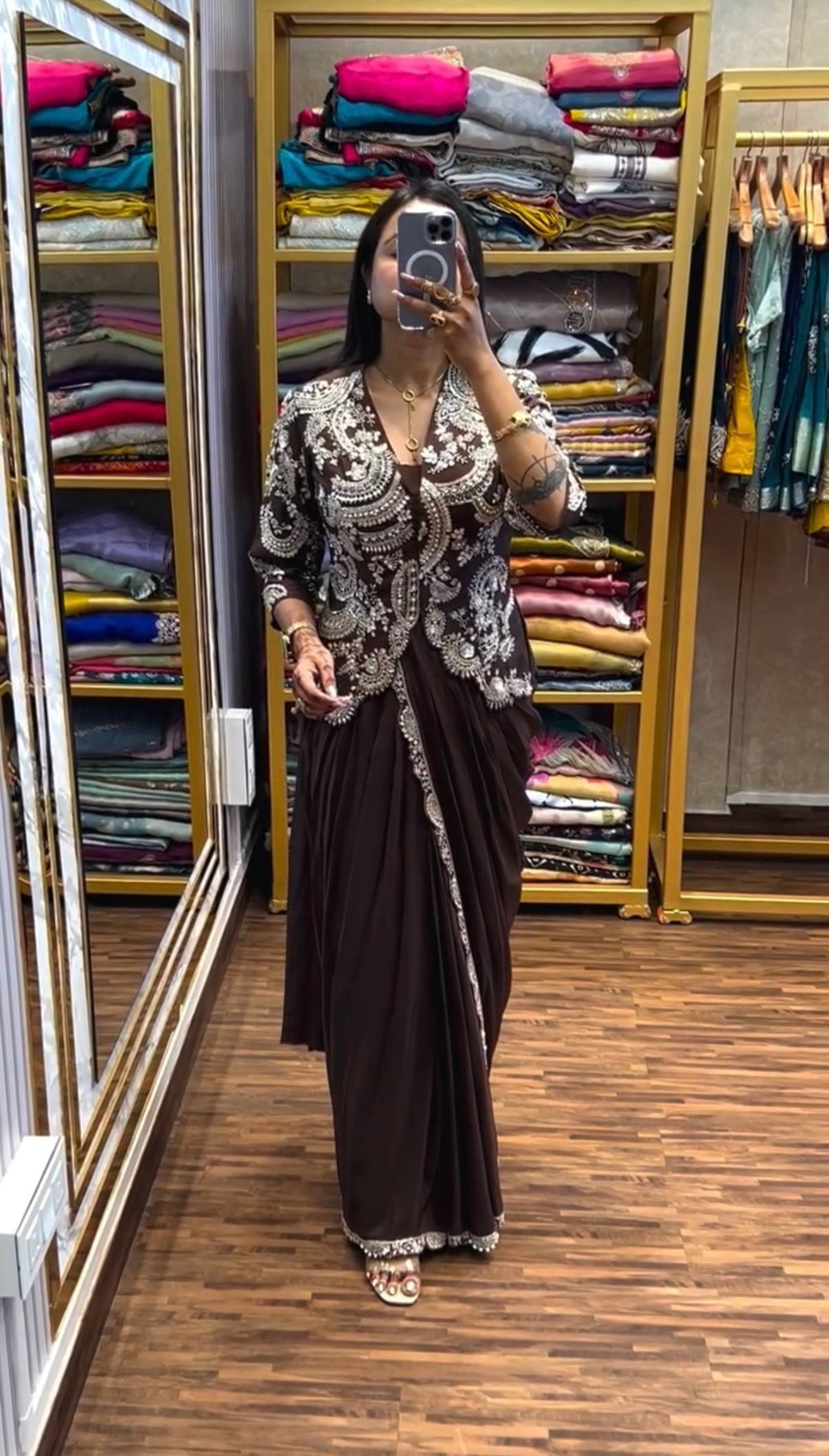 Pre-Draped Saree with Embroidered Blouse and Pleated Pallu