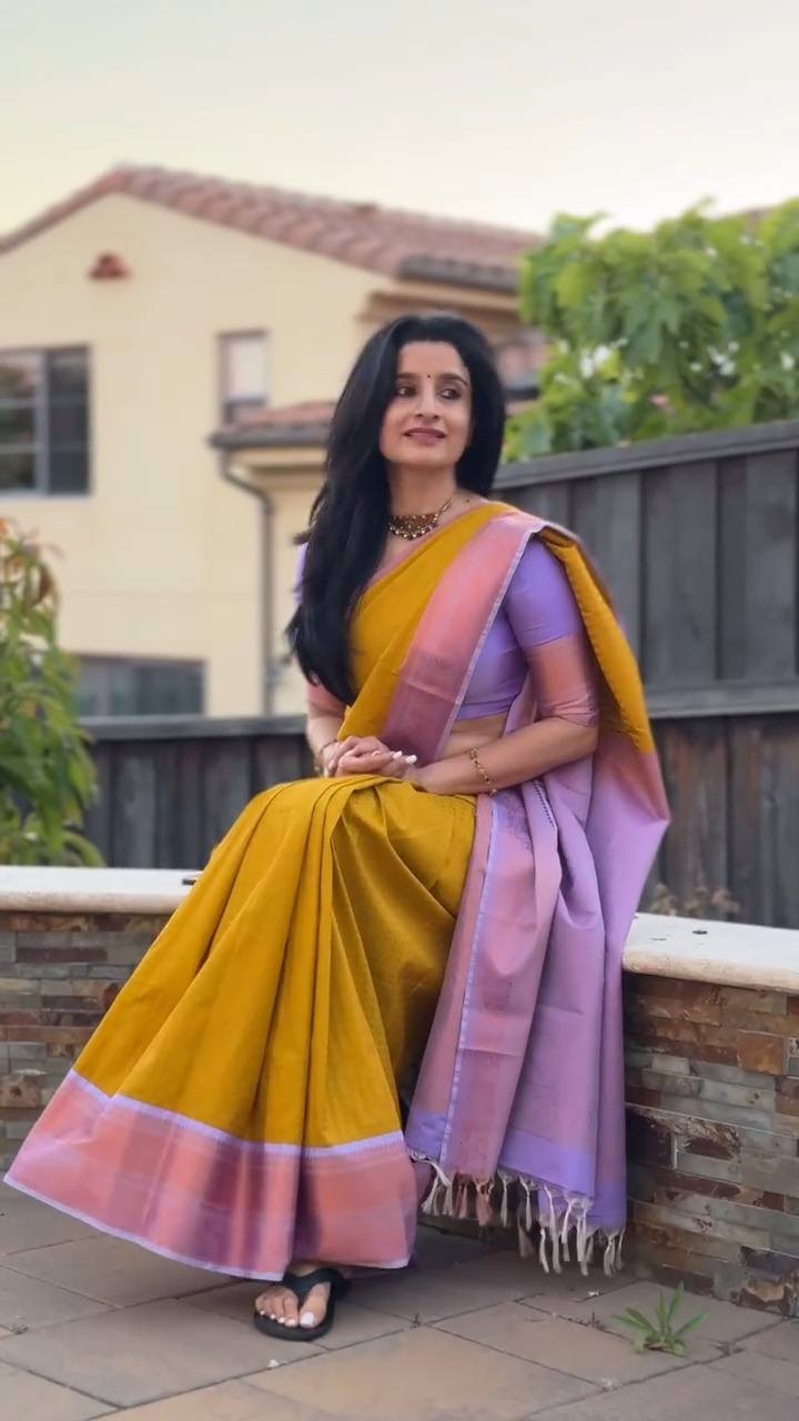 Golden Yellow Saree Elegance Paired With Soft Lavender Pallu Beauty.