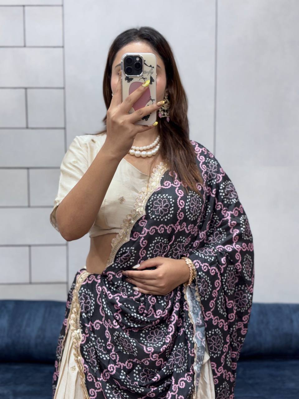 Festive ready in a silk lehenga and printed dupatta