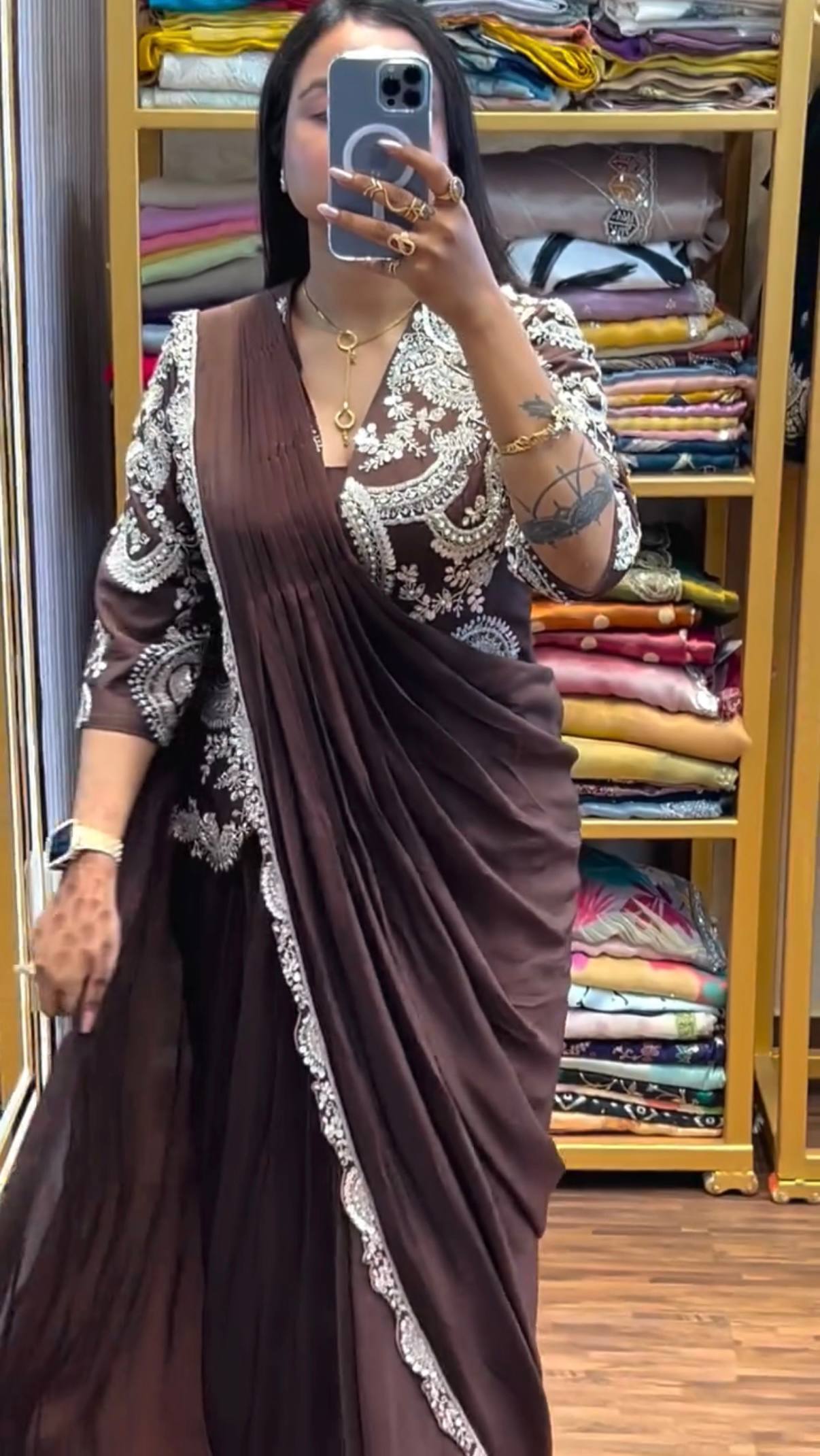 Pre-Draped Saree with Embroidered Blouse and Pleated Pallu
