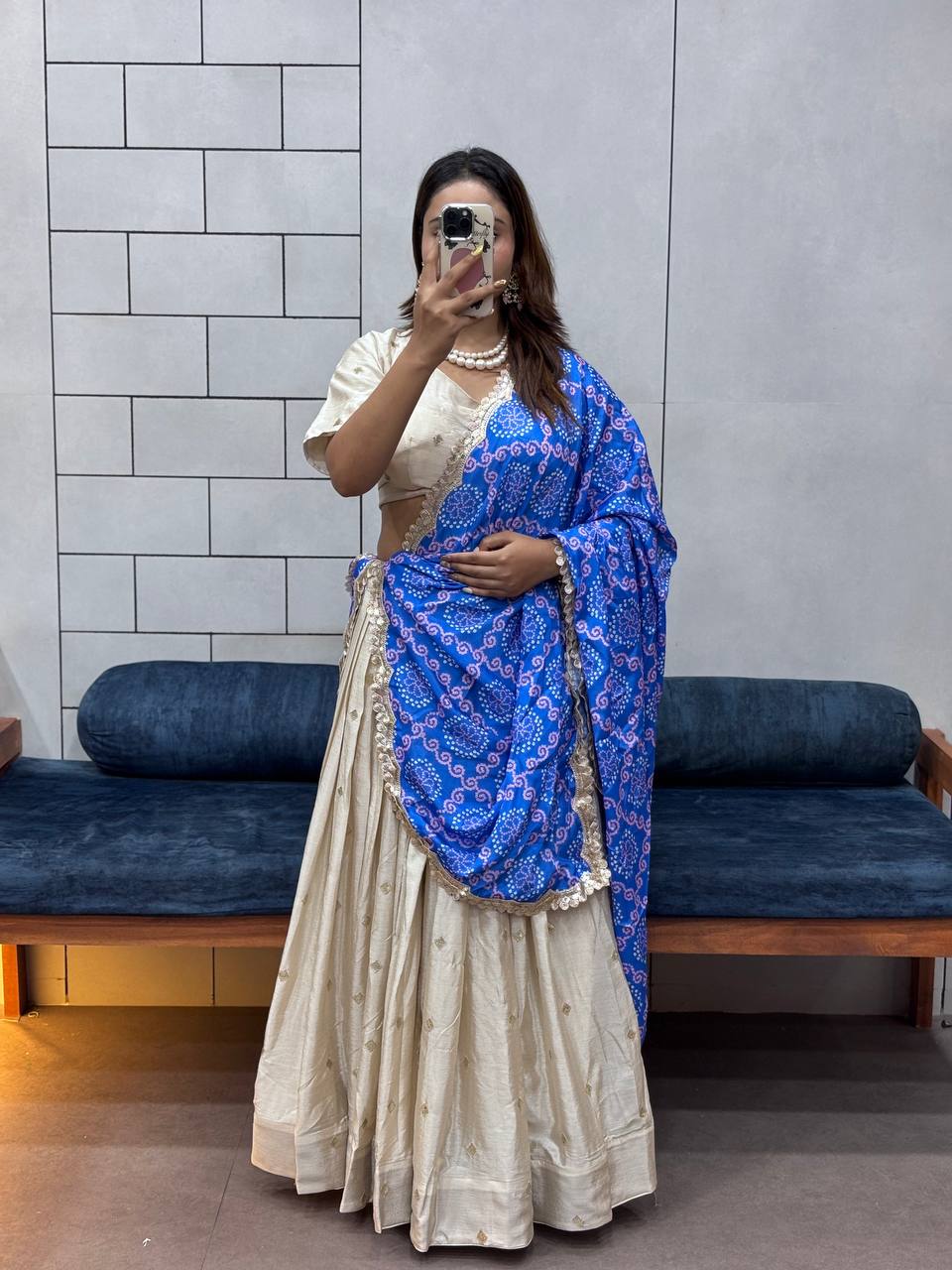 Festive ready in a silk lehenga and printed dupatta