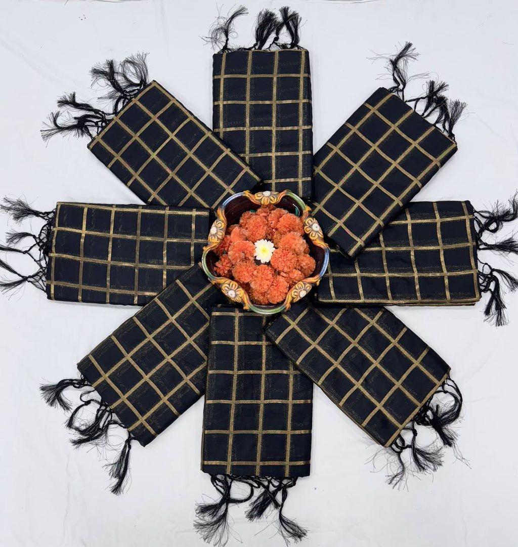 Check Pattern pure golden zari Saree