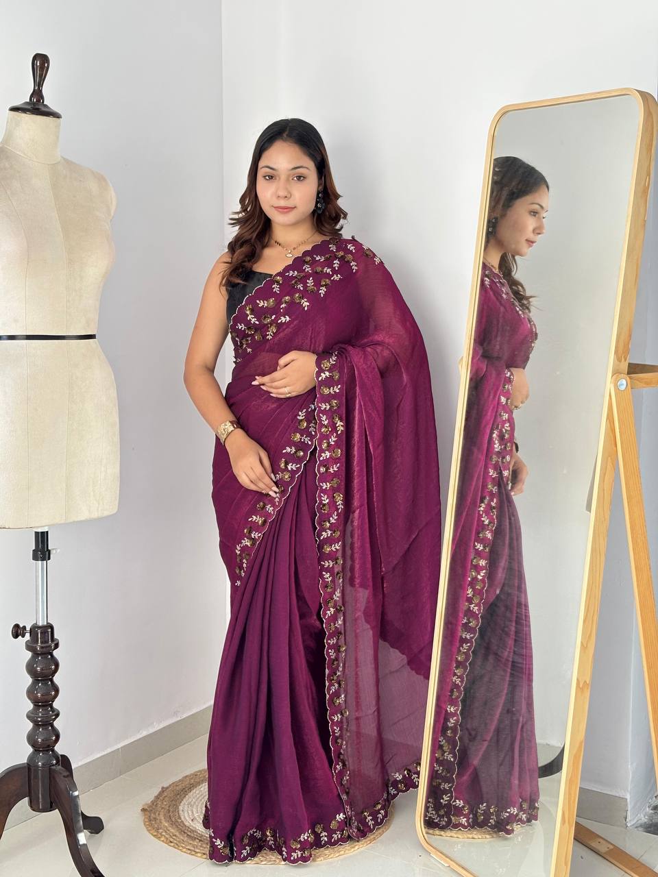 Saree with Delicate Floral Border Embroidery