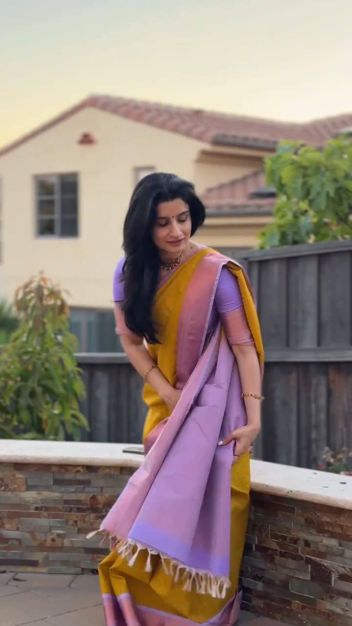 Golden Yellow Saree Elegance Paired With Soft Lavender Pallu Beauty.