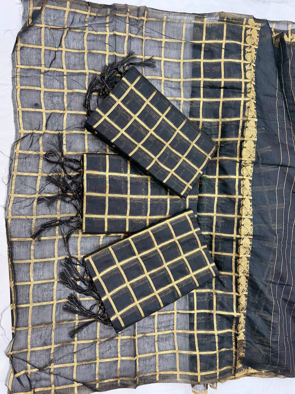 Check Pattern pure golden zari Saree