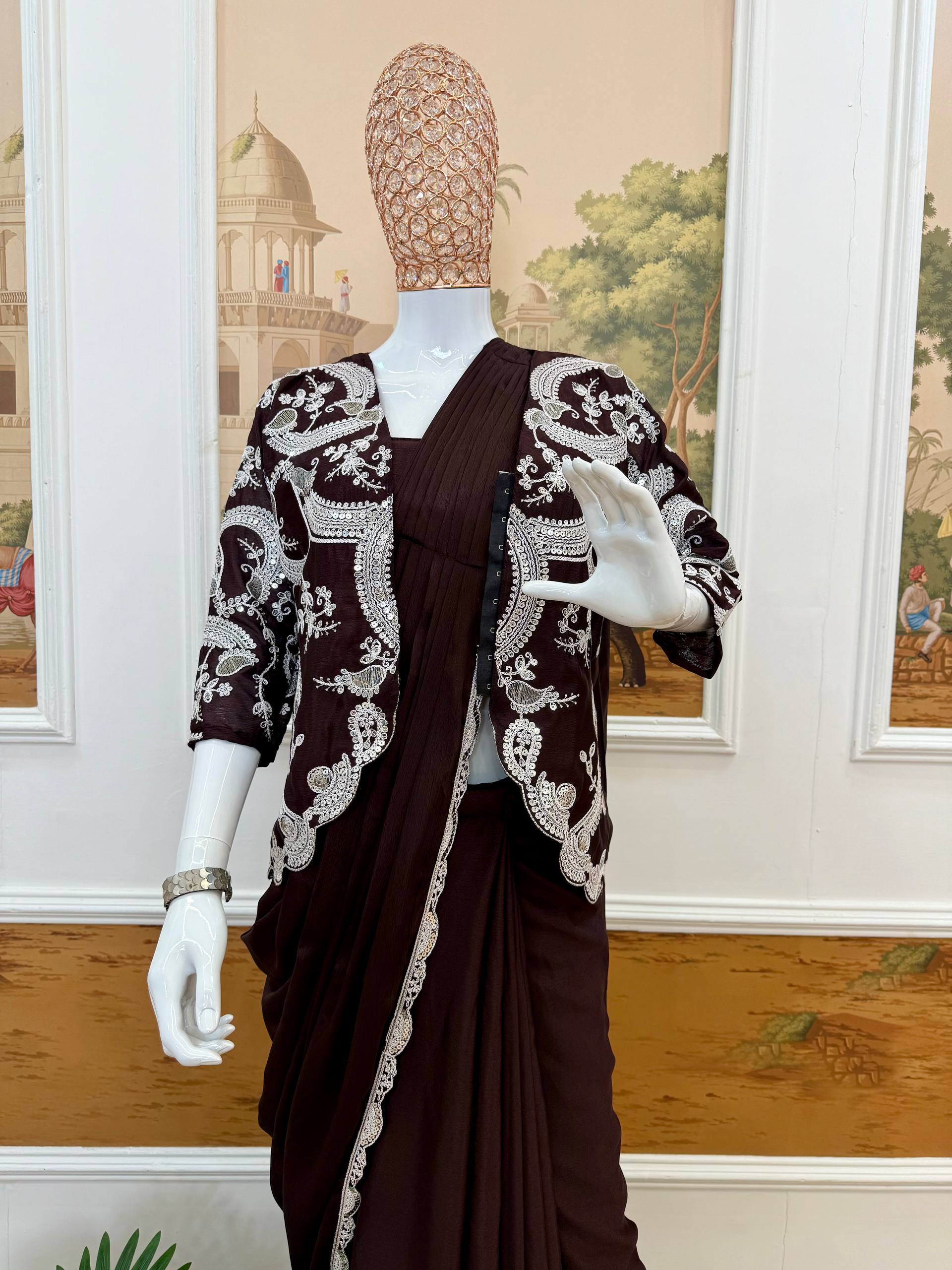 Pre-Draped Saree with Embroidered Blouse and Pleated Pallu