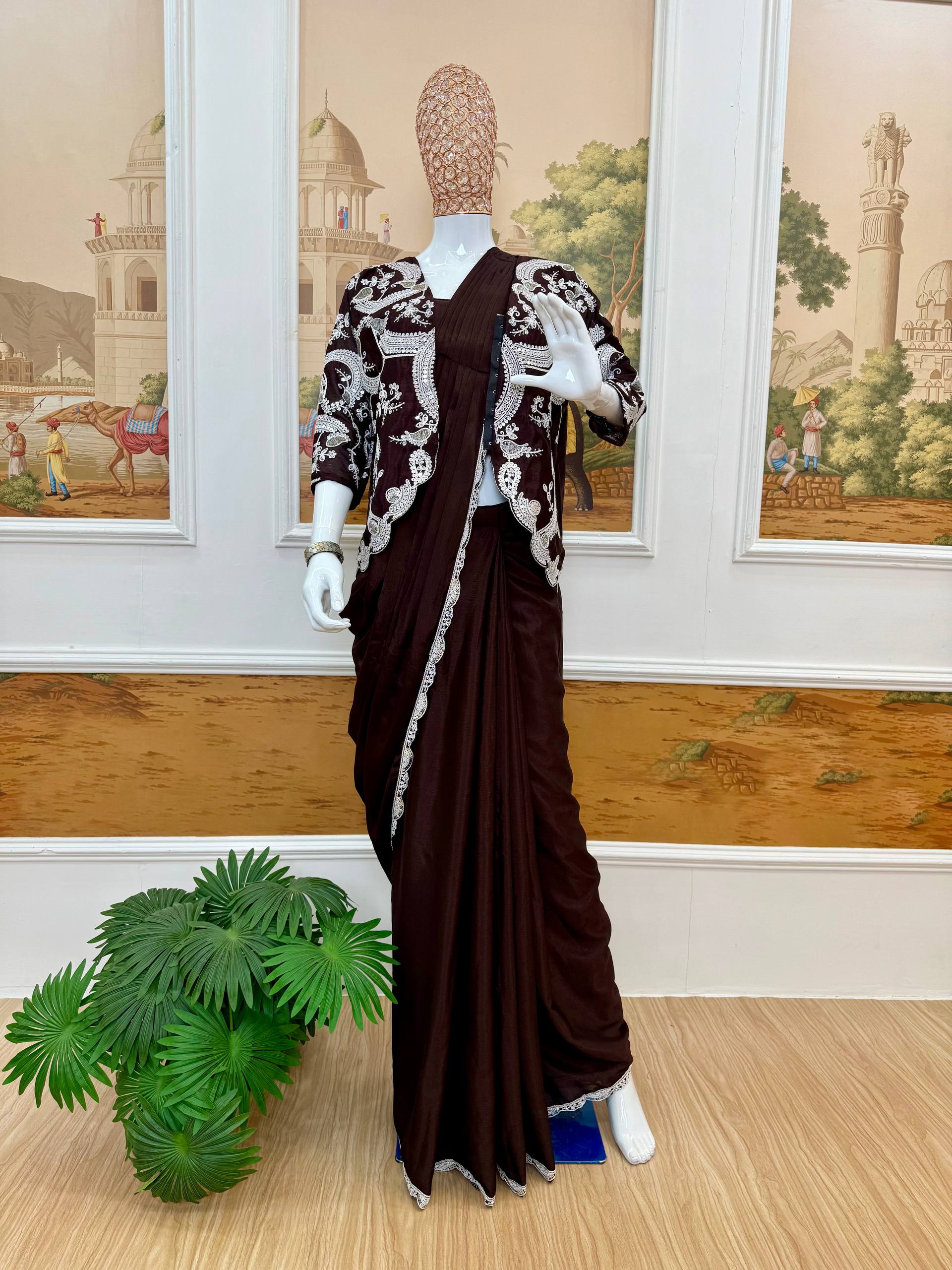 Pre-Draped Saree with Embroidered Blouse and Pleated Pallu